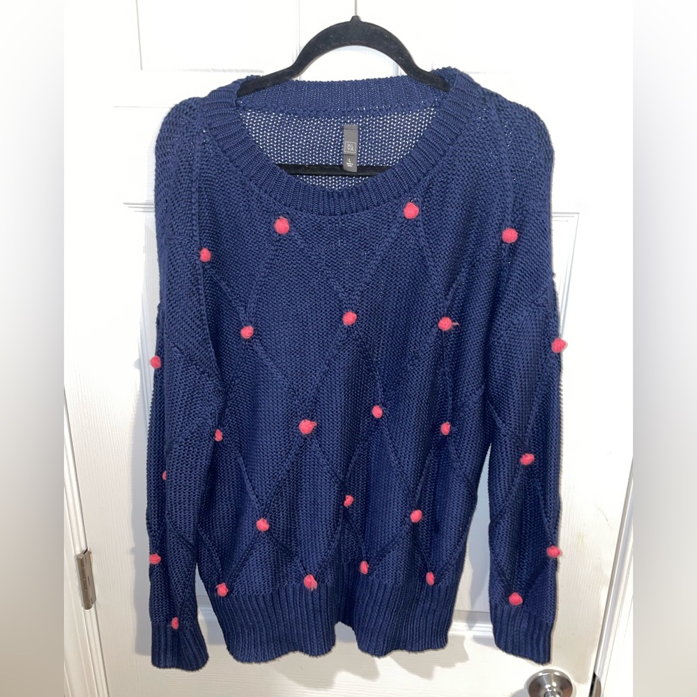 Francesca’s navy sweater with pink Pom Pom accents, size L